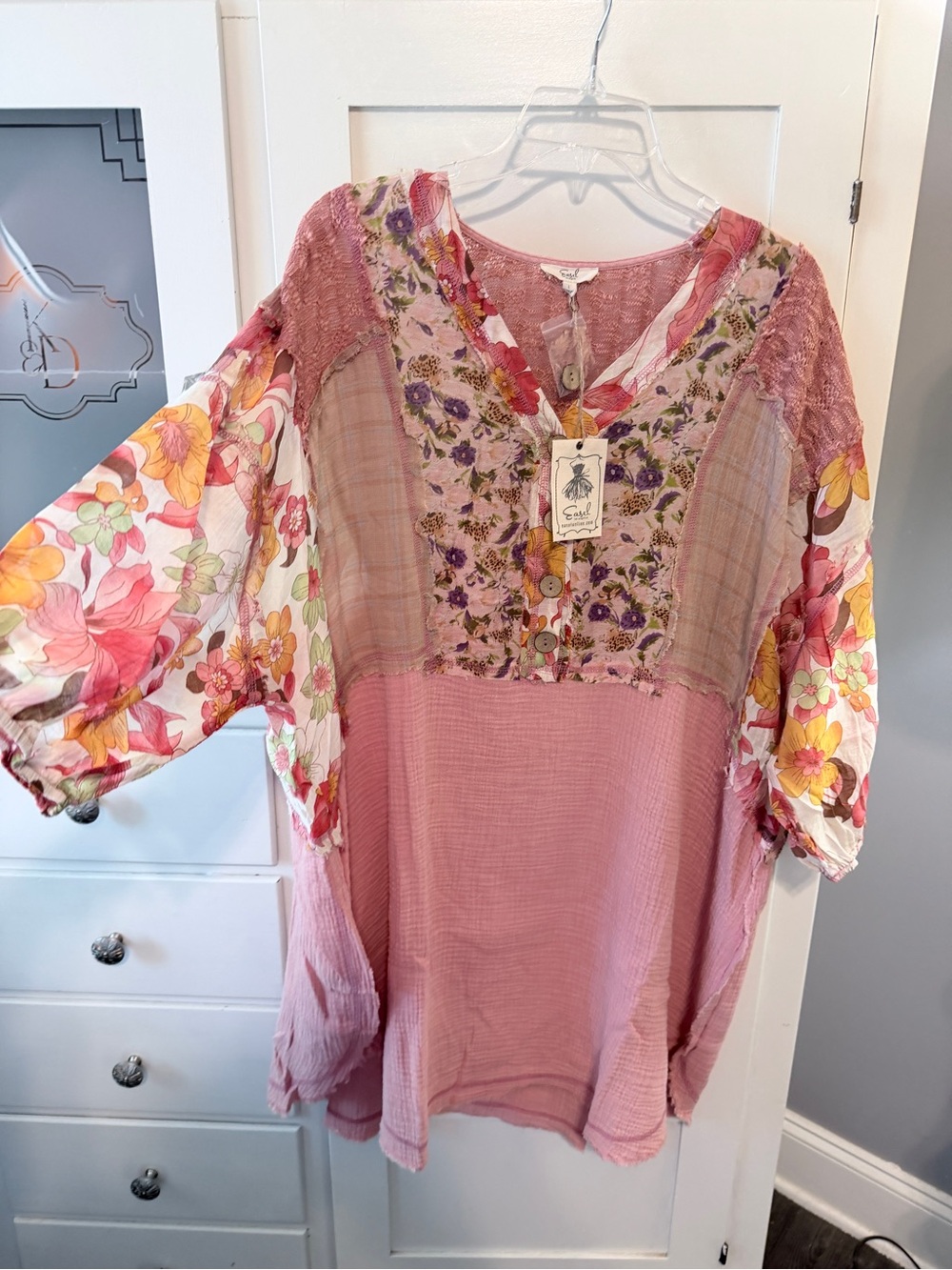 easel Pink Multi-Print Patchwork V-Neck Tunic